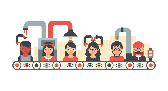 Concept illustration of people on an assembly line being modified by robotic arms, symbolizing mass production of identity and social engineering.