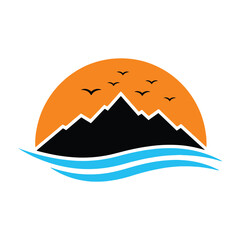 Fototapeta premium Mountain range at sunset with birds flying over water