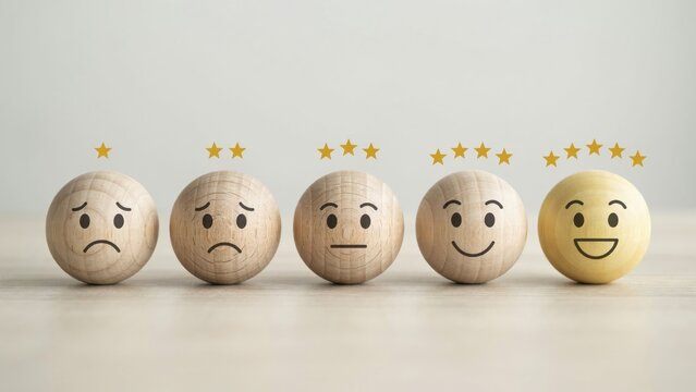 Five wooden spheres with facial expressions and star ratings in a row