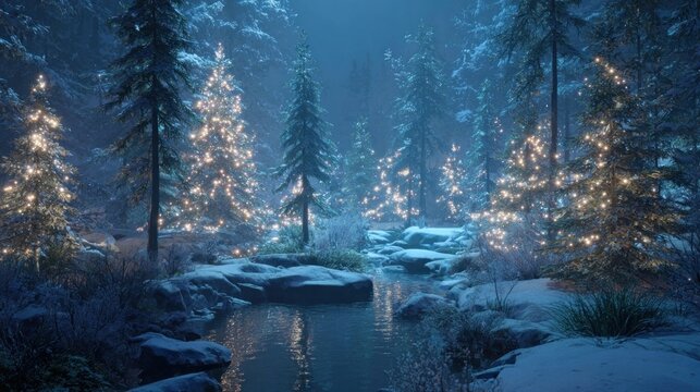festive winter forest with lights in a winter wonderland,