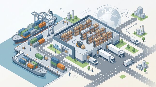 Isometric illustration of global logistics supply chain with warehouse distribution center cargo ships trucks and delivery vans cargo ship freight truck delivery van logistics