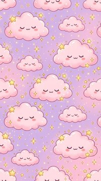Cute pastel clouds pattern with smiling faces and shining stars