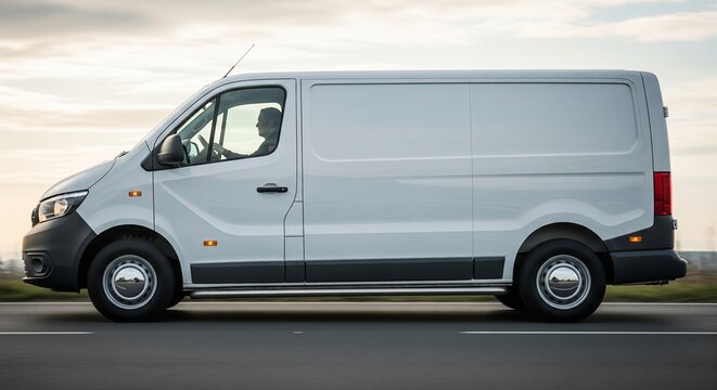 Side view of a white cargo van driving on a road during the day, showcasing its exterior design