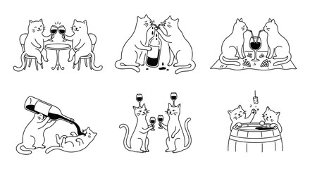 Fototapeta premium Black cat silhouettes enjoying wine in various poses vector illustration