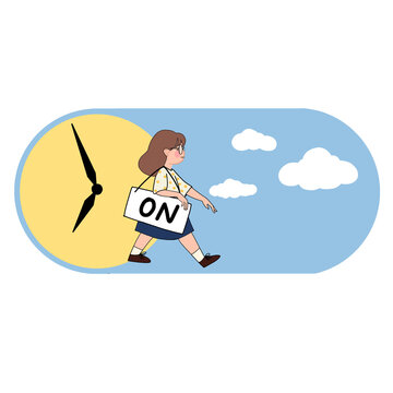 Woman Starting Workday Holding ON Sign Walking from Clock to Day Sky Vector Concept Business Productivity Concept Woman Starting Workday Holding ON Sign Vector Illustration for Corporate Strategy and 