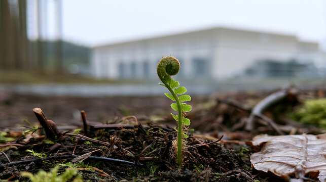 A tiny fern fiddlehead (Polypodiopsida) sprouts from rich forest soil with a modern industrial building blurred in the background horizon