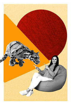 Composite 3D photo collage design trend sketch of young lady sit beanbag finger point hand gesture showing leopard animal wild zoo nature