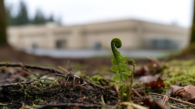 Young fern fiddlehead (Polypodiopsida) sprout grow ground outdoor nature forest wildlife fresh green plant leaf spring life new growth tiny