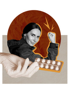 Collage trend artwork composite sketch poster of young woman portrait smile hand wear glove hold pills cure drug power healthcare doctor