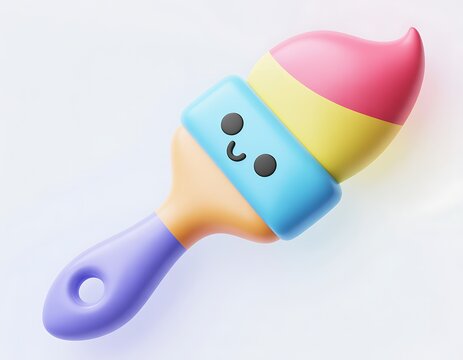 A 3D rendered cartoon paint brush character with a happy smiling face, featuring a pink and yellow brush head and a blue and purple handle