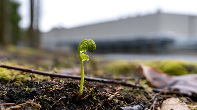 A tiny fern fiddlehead (Polypodiopsida) sprout emerges from rich soil near an industrial building, symbolizing hope, life, and eco growth