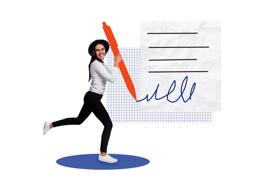 Creative art trend banner collage of happy businesswoman run pen write to-do task success project creation signature sticker page