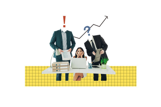 Template collage design trend artwork sketch of human resources recruitment worker office job young lady sit confused two man worker task