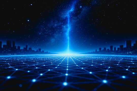 A futuristic digital grid network extends toward a bright blue light beam above a night cityscape under starry sky, representing modern tech and connectivity.