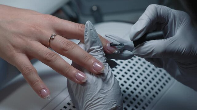 Professional application of base coat on extended nails to improve adhesion before gel polish in beauty salon