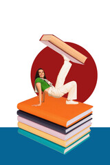 Fototapeta premium Vertical photo collage of happy girl dance stack book planner education concept knowledge bookworm hobby isolated on painted background