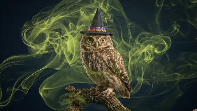 Owl wearing wizard hat with green smoke.