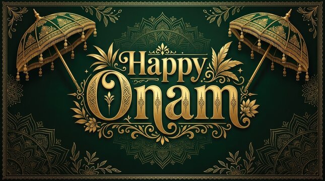 Happy Onam luxury golden text banner design with dark green ornate background and brass lamps