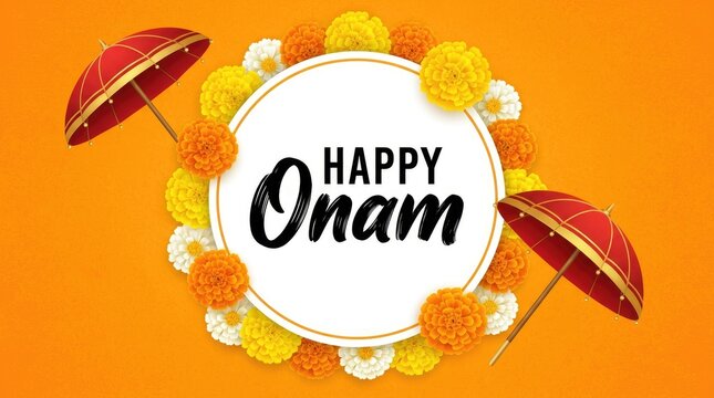 Happy Onam vector design with marigold floral circle umbrella and bright orange background