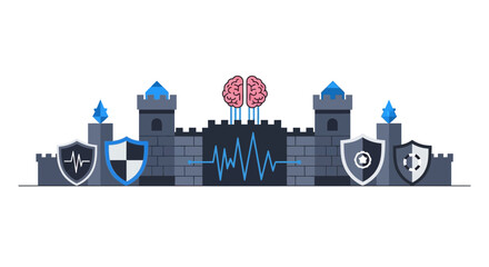 Obraz premium Cybersecurity and Mental Data Protection Concept Illustration with Castle and Brain