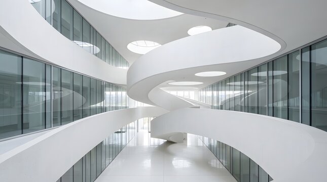 Modern architectural interior featuring a bright white spiral staircase inside a contemporary office building atrium space