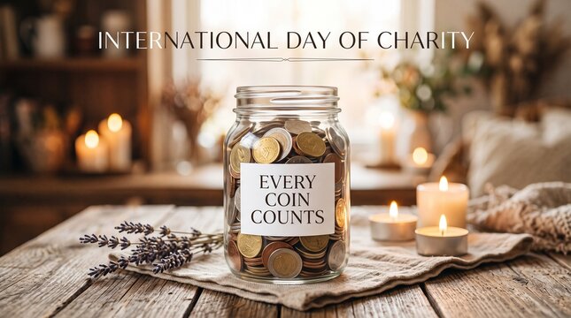 Charity coin jar on rustic table for international day of charity
