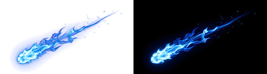 Blue fire comet streak with fiery flame trail and glowing spark effect ideal for gaming and fantasy visuals available in PNG, Transparent and Black Background Versions © Crafter