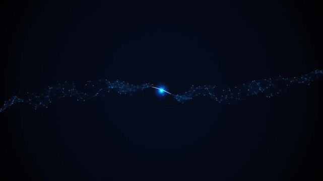 Seamless looping animation of a central glowing node connecting two plexus data streams. Abstract cyberspace and internet networking background.