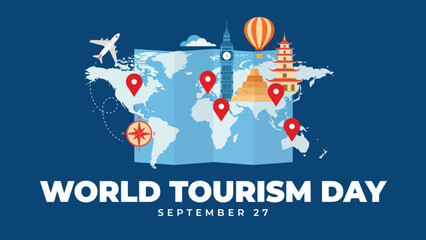 Fototapeta premium World tourism day vector illustration featuring global landmarks with travel icons on a blue paper map