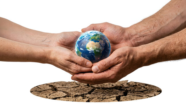 Earth globe held in cupped hands above dry cracked earth representing environmental protection sustainability climate change awareness global conservation efforts unity and healing our fragile planet 