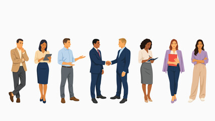 Fototapeta premium Professional business team in vector illustration style showing diverse office employees working during daily corporate tasks