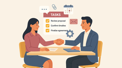 Obraz premium Professional business people shaking hands to finalize agreement in a modern vector graphic office illustration style