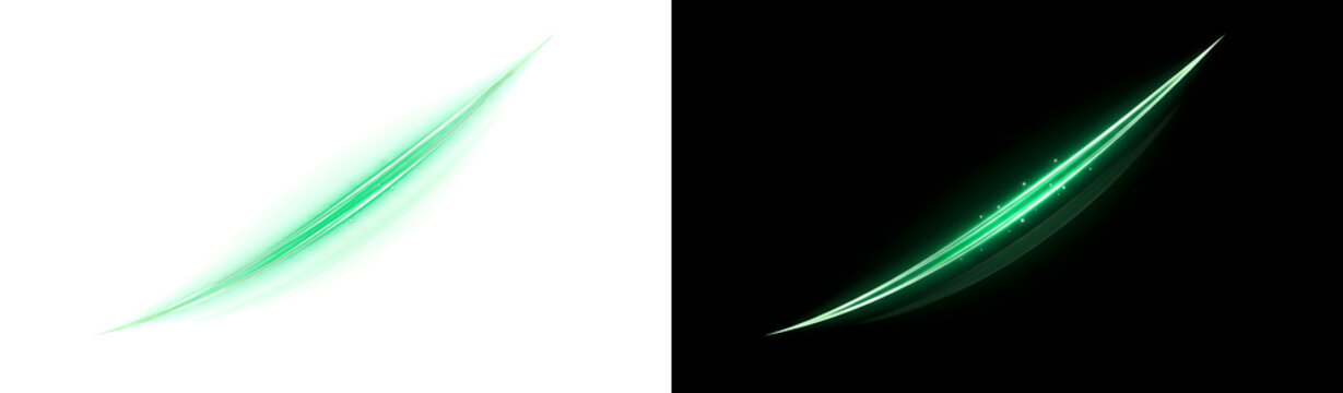 Sharp green energy blade streak with glowing curve and sparkling light trail ideal for gaming and futuristic visuals available in PNG, Transparent and Black Background Versions