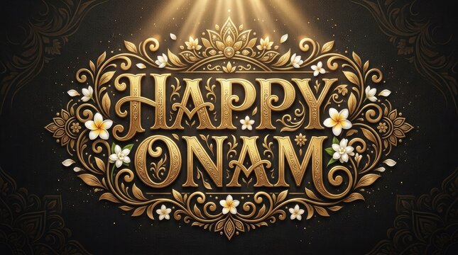 Happy Onam luxury golden typography banner design on black decorative pattern background