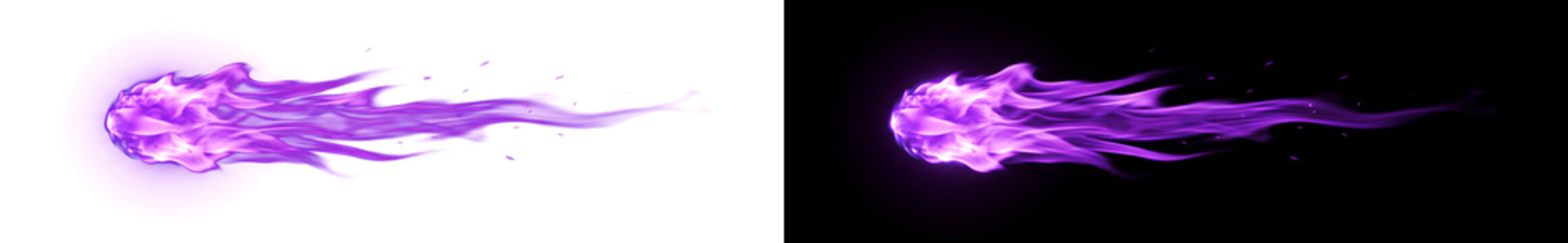 Purple fire streak glowing mystically with magic sparks suited for fantasy game design in PNG, Transparent and Black Background Versions