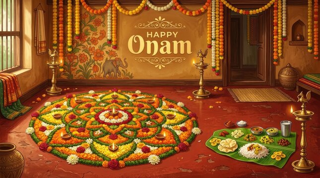 Happy Onam festival indoor celebration background with flower pookalam rangoli and traditional sadya