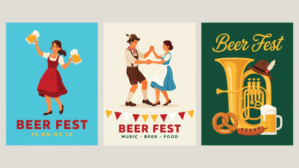 Fototapeta premium Oktoberfest celebration vector illustration set featuring people drinking beer and musical instruments for festival marketing design