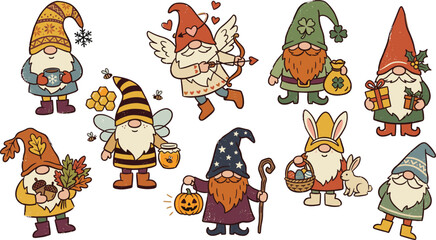 Obraz premium Cute Retro Holiday Gnome Vector Sticker Set featuring Seasonal Cartoon Characters for Christmas Valentine Saint Patrick Halloween Easter Thanksgiving and Summer Designs