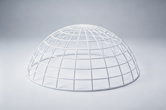 A white wireframe half-dome grid structure, a minimalist geometric architectural model with symmetrical grid lines.