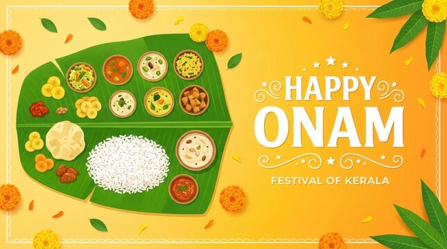 Happy Onam festival banner with traditional Kerala feast sadya layout on yellow vector background