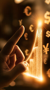 Financial Growth Visualization: A hand interacts with a glowing 3D graph depicting exponential financial growth, surrounded by various currency symbols.