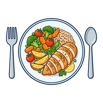 Healthy balanced meal illustration with grilled chicken breast, roasted vegetables, wedges and quinoa on a plate with fork and spoon