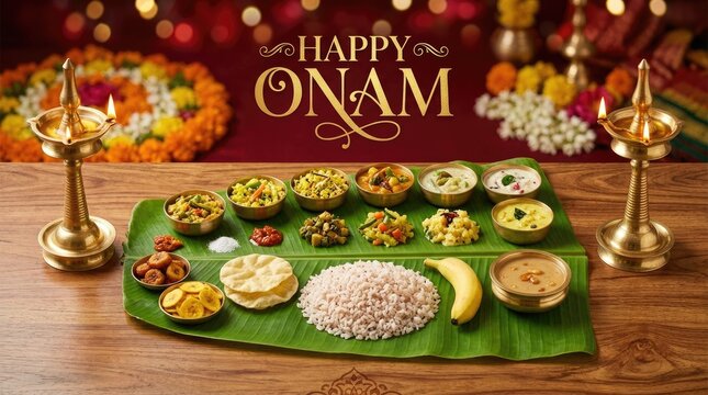 Happy Onam traditional sadya feast dishes arranged on banana leaf with nilavilakku lamps
