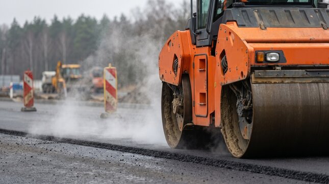 Orange road roller compacting fresh asphalt on a construction site with steam rising