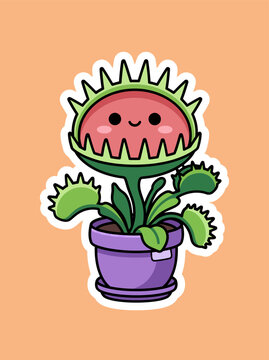 Cute cartoon venus flytrap illustration with happy face in purple pot for nature, plant, garden, or game designs