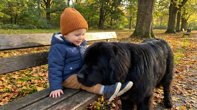 Boy petting black dog in autumn forest with fallen leaves