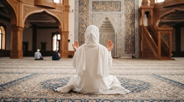 Person in white clothing praying while sitting on a patterned carpet inside a large mosque interior