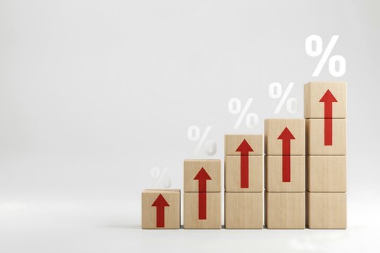 Wooden blocks stacked in growing bar chart with upward arrows and percentage symbols