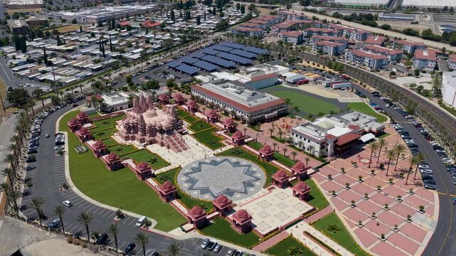 Aerial BAPS Temple San Bernardino California Cultural Landmark Orbit