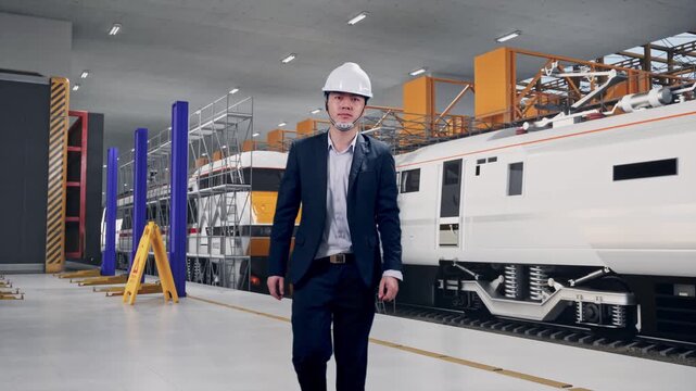 Front View of Asian Businessman Walking at Train Locomotives Maintenance Depot Scaffolding